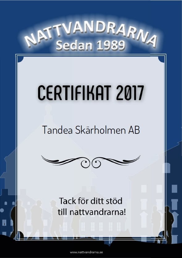 tandlakare-stockholm Nattvandrarna certifikat 2017